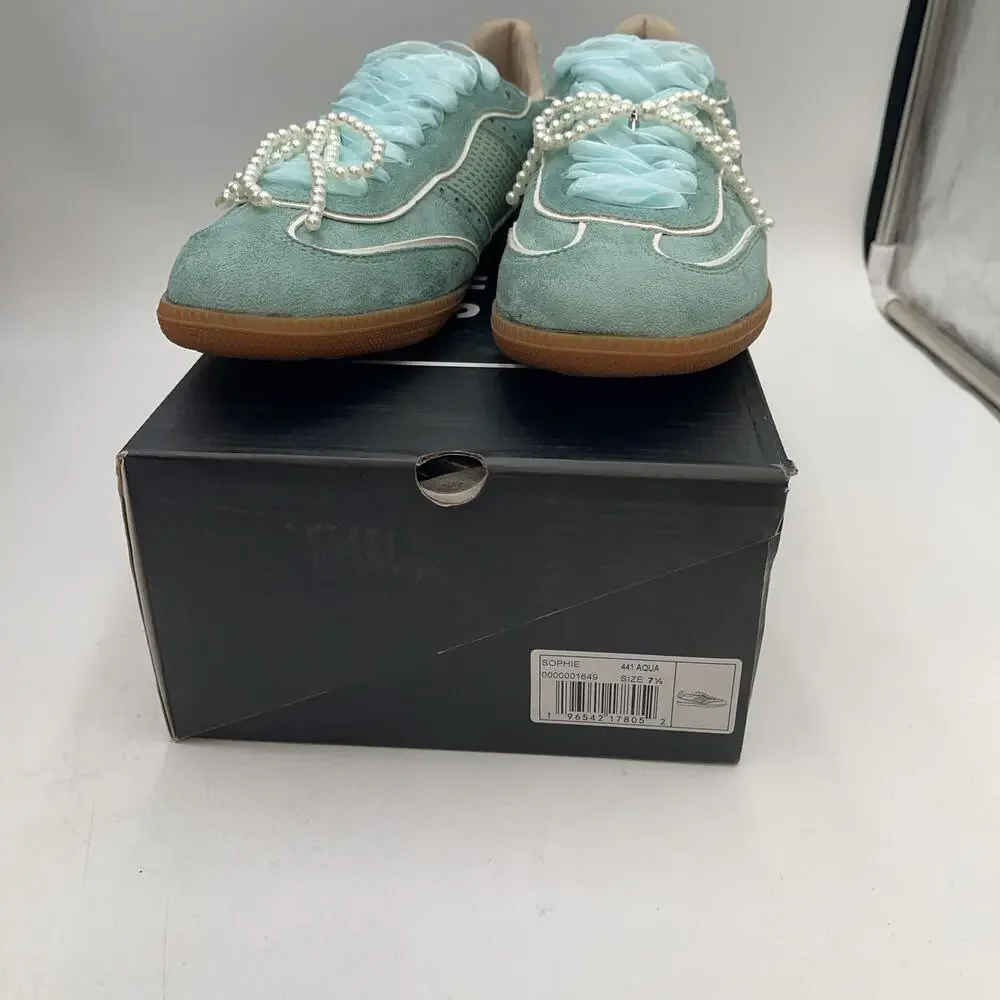 Aqua Suede Pearl Beaded Shoes Womens Low Top Casual Sneakers Sophie Size 7.5